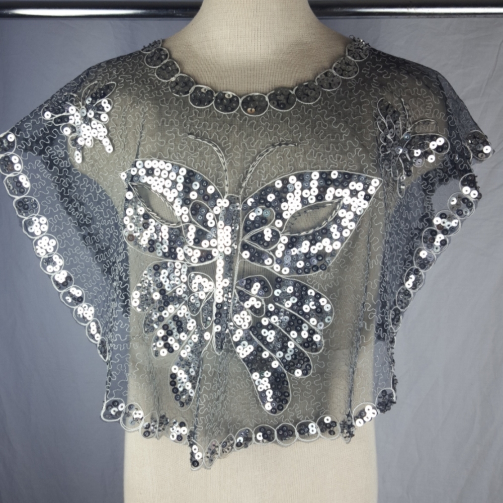 Sequin Silver Gray Butterfly Mesh Shaw